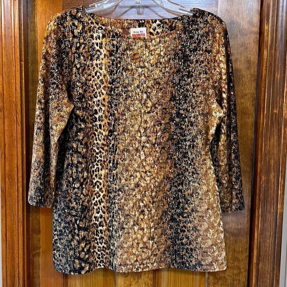 Ruby Rd. Favorites Animal Print Gold Metallic 3/4 Sleeve Pullover Size M‎ EUC